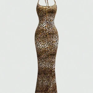 Women's Leopard Print Halter Neck Mermaid Hem Maxi Dress Elegant Fit - AliExpress Sweaters&Jumpers