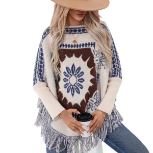 Retro ethnic style one-word neck pullover sweater shawl women's autumn and winter loose long-sleeved knitted fringed cape - AliExpress Sweaters&Jumpers