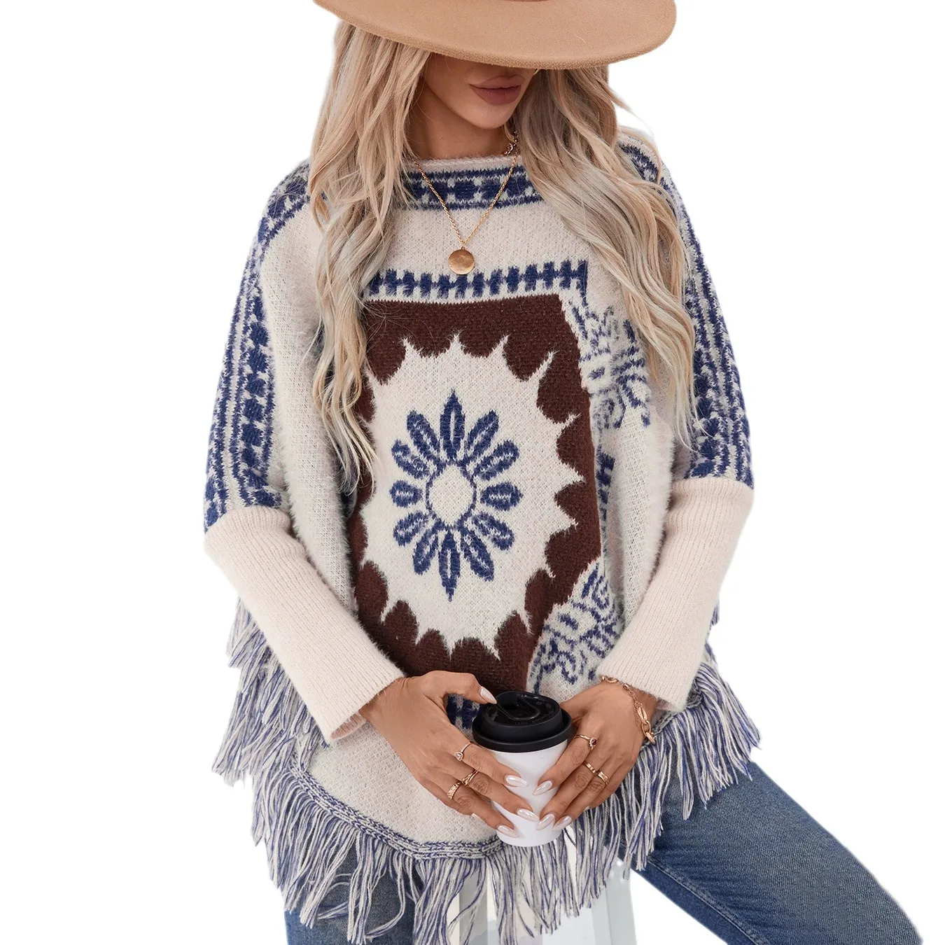 Retro ethnic style one-word neck pullover sweater shawl women's autumn and winter loose long-sleeved knitted fringed cape - AliExpress Sweaters&Jumpers