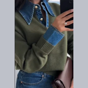 Autumn Winter Versatile Women's Pullovers Splicing Denim Collar Sleeve Knitwear Retro Lapel Sweaters 2025 New Lady Casual Top - AliExpress Sweaters&Jumpers