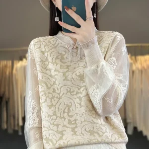 New Lace Mandarin Collar National Style Worsted Wool Women's Spring New Pullover Stand Collar Trendy Bottoming Tops - AliExpress Sweaters&Jumpers