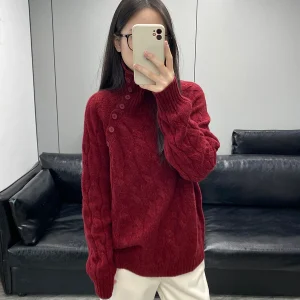 Loose Fit High Ne Button up Wool Knit Sweater Women's Red Asymmetric Opening Lace Pattern Soft Long Sve Warm Top - AliExpress Sweaters&Jumpers