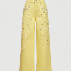 Yellow Wide Leg Jeans with Pearl and Rhinestone Embellishments - AliExpress Sweaters&Jumpers