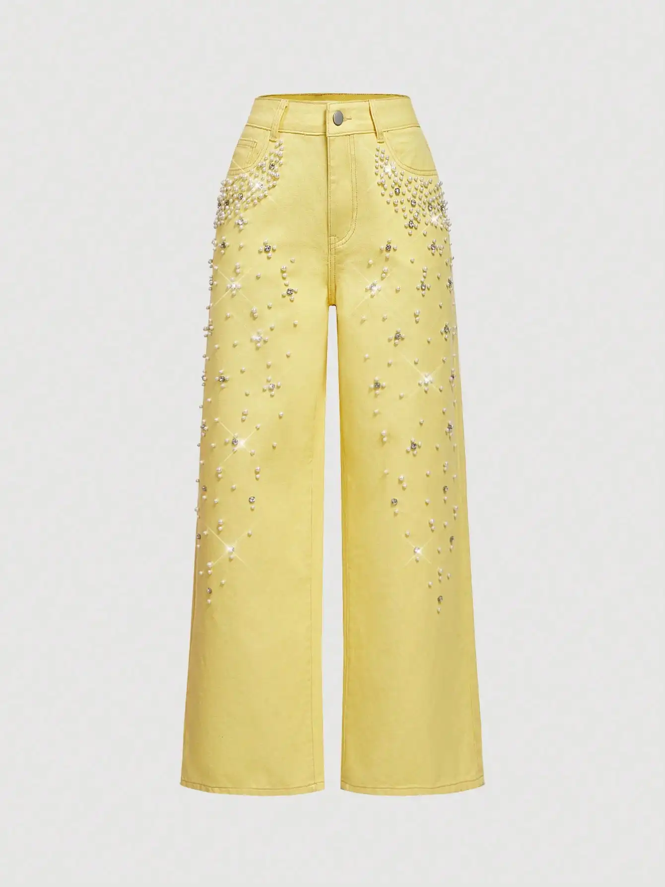 Yellow Wide Leg Jeans with Pearl and Rhinestone Embellishments - AliExpress Sweaters&Jumpers