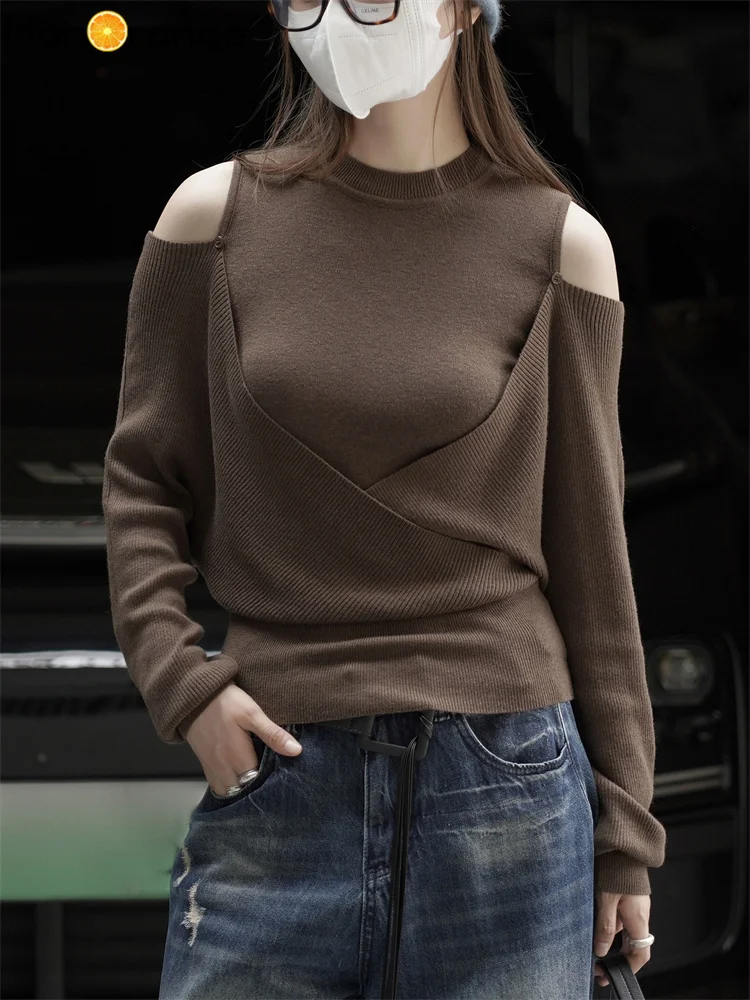 HanOrange 2025 Autumn/Winter Lazy Off Shoulder Asymmetric Cross Knitted Sweater Women Wool Top Apricot/Dark Coffee/Medium Gray - AliExpress Sweaters&Jumpers