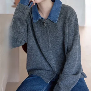 HuiXi Denim Patchwork Knitwear Women's Double Zipper Open Cardigan Autumn Winter Seasonal Casual Sle Regular Sve Length - AliExpress Sweaters&Jumpers