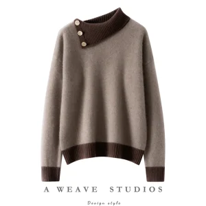 100% Cashmere Sweater irregular Turn-down Collar Side Button Pullover Women Color Blocking Thicken Loose Knitwear Autumn Winter - AliExpress Sweaters&Jumpers