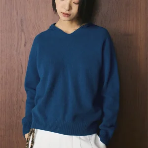 HanOrange 2025 Winter Simple Lazy V-neck Knitted 100% Wool Hooded Sweater Women Silhouette Loose Top Red/Milky White/Sea Blue - AliExpress Sweaters&Jumpers
