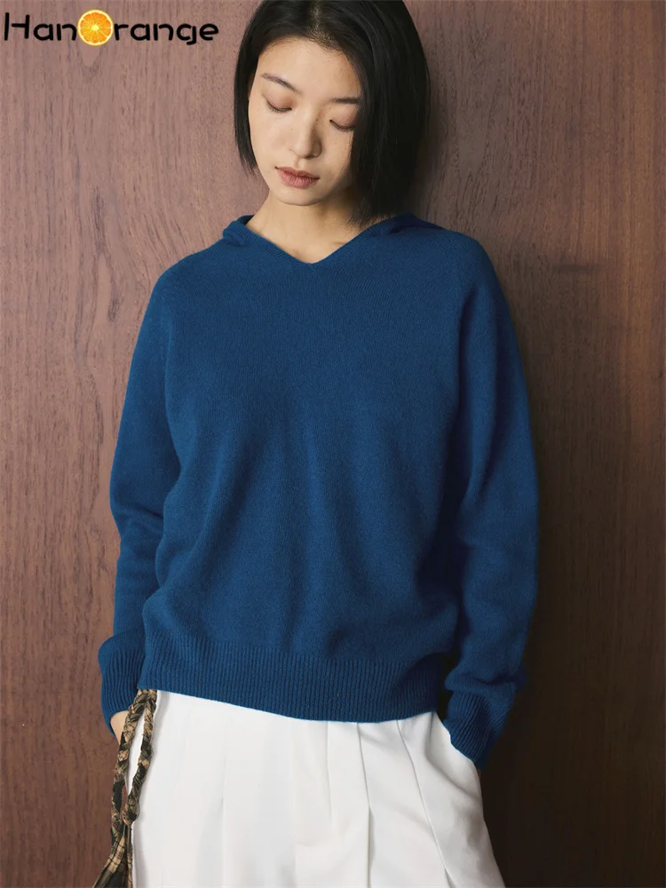 HanOrange 2025 Winter Simple Lazy V-neck Knitted 100% Wool Hooded Sweater Women Silhouette Loose Top Red/Milky White/Sea Blue - AliExpress Sweaters&Jumpers