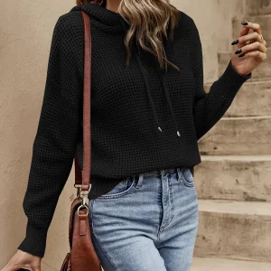 Black Waffle Knit Drawstring Hooded Sweater with Drop Shoulder - AliExpress Sweaters&Jumpers