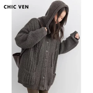 CHIC VEN New Women Sweaters Loose Casual Solid Long Hooded Drawstring Knitting Cardigan Girl Warm Jacket Autumn Winter 2026 - AliExpress Sweaters&Jumpers