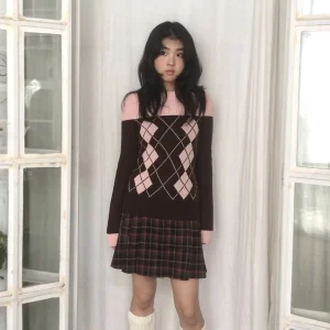 SicAstra Original Retro Two-tone Knitted Long Sve Sweater Waist-cinching Bell Sve Diamond Pattern Sweet Sle Women's K... - AliExpress Sweaters&Jumpers