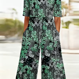 Women Floral V Neck Half Sleeve Casual Summer Jumpsuit, JustFashionNow Jumpsuits＆Rompers, color:Green|size:4XL