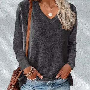 Women Plain Long Sleeve Tee T-shirt V Neck Printing Casual Spring/Fall Graphic Tee Top, JustFashionNow T-Shirts, color:Gray|size:XXL