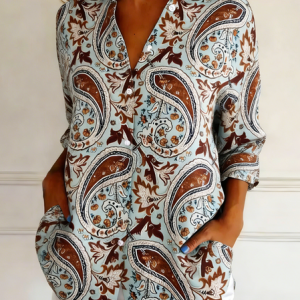 Women Cashew Flowers Shirt Collar Long Sleeve Shirt Vintage Holiday Spring/Fall Top, JustFashionNow Blouses, color:As Picture|size:4XL