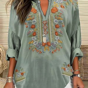 Women Floral V Neck Long Sleeve Blouse Printing Casual Daily Spring/Fall Top, JustFashionNow Shirts, color:Green|size:XXL