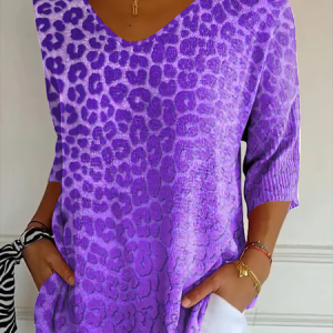 Women Leopard Three Quarter Sleeve Tee T-shirt V Neck Printing Casual Graphic Tee Spring/Fall Top, JustFashionNow T-Shirts, color:Purple|size:5XL