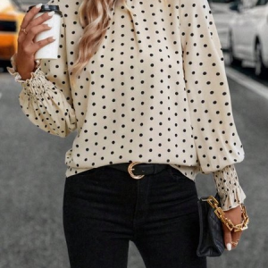 Women Polka Dots Lotus Leaf Collar Long Sleeve Shirt Gathered Petal Sleeve Casual Daily Spring/Fall Top, JustFashionNow Blouses, color:Apricot|size:XL