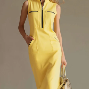 Elegant Color Block Zipper Stand Collar Midi Dress, Midi Dresses, color:Yellow|size:XXL, Stylewe