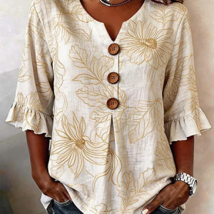 V Neck Half Sleeve Floral Printing Regular Micro-Elasticity Regular Fit Blouse For Women, Shirts, color:Apricot|size:5XL, catalog Noracora shop