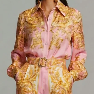 Satin Urban Paisley Printing Shirt, Blouses and Shirts, color:Pink|size:XXL, Stylewe