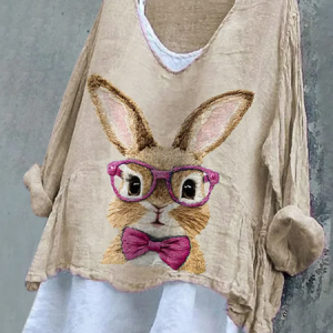 Women Easter (rabbit) V Neck Long Sleeve Blouse Printing Casual Daily Spring/Fall Top, JustFashionNow Blouses, color:Apricot|size:5XL