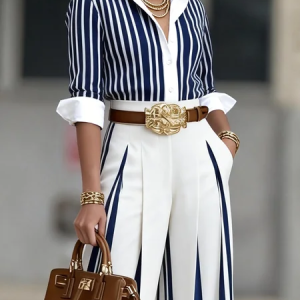 Urban Striped Blouse Shirt Collar Regular Fit Long Sleeve Commuting, Blouses and Shirts, color:Stripe|size:XXL, Stylewe