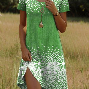 Women Floral Short Sleeve Crew Neck Dress Daily Casual Midi Fit & Flare Dress A-Line Summer Dress, JustFashionNow Dresses, color:Green|size:3XL
