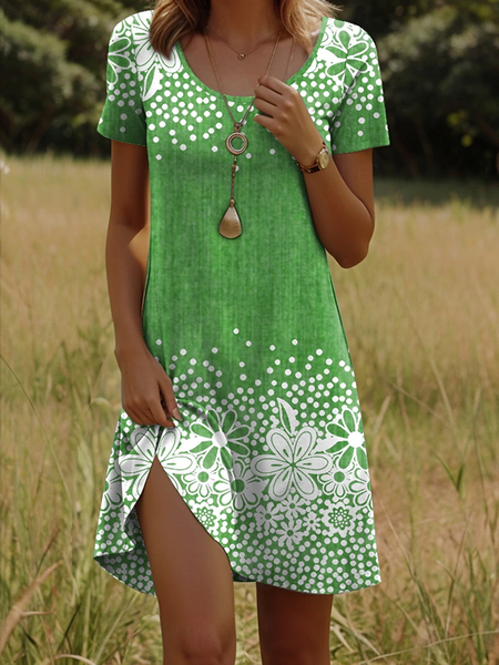 Women Floral Short Sleeve Crew Neck Dress Daily Casual Midi Fit & Flare Dress A-Line Summer Dress, JustFashionNow Dresses, color:Green|size:3XL