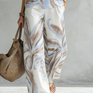 Vacation Botanical Pattern Printing Wide Leg Pants, Pants, color:As Picture|size:XXL, Stylewe