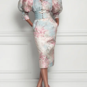 Elegant Floral Puff Sleeve Printing Lapel Collar Midi Party Dress, Cocktail Dresses, color:As Picture|size:XXL, Stylewe