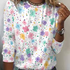 Casual Floral Crew Neck Long Sleeve T-shirt, T-shirts, color:White|size:XXL, catalog Noracora shop
