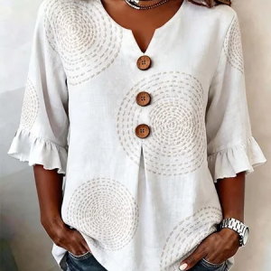 Women Abstract V Neck Half Sleeve Blouse Printing Vintage Daily Summer Top, JustFashionNow Blouses, color:White|size:5XL