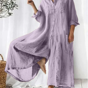 Women Plain Shawl Collar Long Sleeve Casual Spring/Fall Cotton-Blend Jumpsuit, JustFashionNow Jumpsuits＆Rompers, color:Light Purple|size:5XL