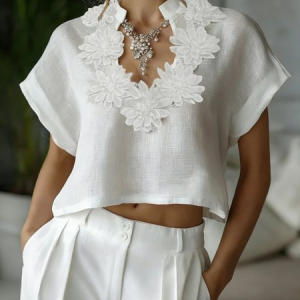 Cotton And Linen Casual Plain Stand Collar Blouse, Blouses and Shirts, color:White|size:XXL, Stylewe