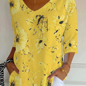 Women Floral Three Quarter Sleeve Tee T-shirt V Neck Printing Casual Graphic Tee Spring/Fall Top, JustFashionNow T-Shirts, color:Yellow|size:5XL