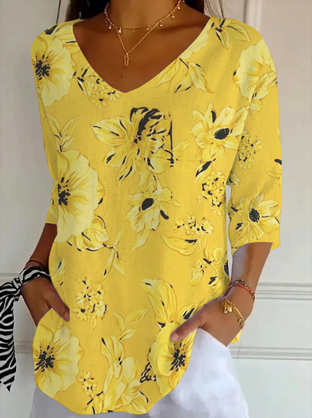 Women Floral Three Quarter Sleeve Tee T-shirt V Neck Printing Casual Graphic Tee Spring/Fall Top, JustFashionNow T-Shirts, color:Yellow|size:5XL