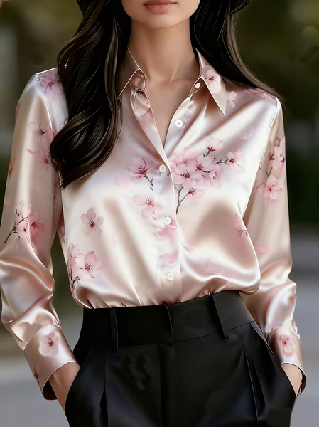 Women Floral Shawl Collar Long Sleeve Shirt Casual Daily Spring/Fall Top, JustFashionNow Shirts, color:Pink|size:XXL - Image 2