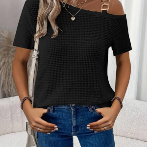 Women Plain Short Sleeve Tee T-shirt Asymmetrical Jacquard Casual Summer Top, JustFashionNow T-Shirts, color:Black|size:XXL