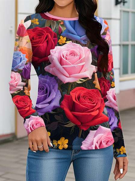 Women Floral Long Sleeve Tee T-shirt Crew Neck Printing Casual Graphic Tee Spring/Fall Top, JustFashionNow T-Shirts, color:As Picture|size:XXL - Image 3