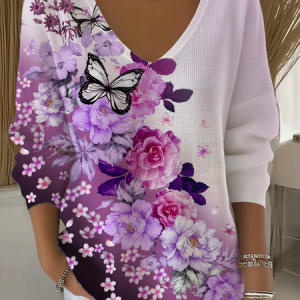 Women Floral Long Sleeve Tee T-shirt V Neck Printing Casual Spring/Fall Top, JustFashionNow T-Shirts, color:Purple|size:XXL