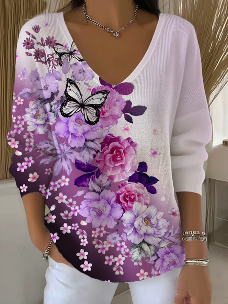 Women Floral Long Sleeve Tee T-shirt V Neck Printing Casual Spring/Fall Top, JustFashionNow T-Shirts, color:Purple|size:XXL