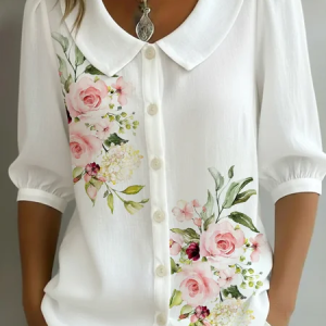 Women Floral Shawl Collar Half Sleeve Shirt Printing Casual Daily Summer Top, JustFashionNow Shirts, color:White|size:5XL