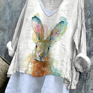 Women Easter (rabbit) V Neck Long Sleeve Blouse Printing Casual Daily Spring/Fall Top, JustFashionNow Blouses, color:White|size:5XL