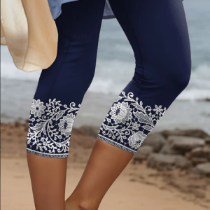 Women Floral Capris Elastic Waist Pants Casual Summer Trousers, JustFashionNow Leggings, color:Purplish Blue|size:XXL