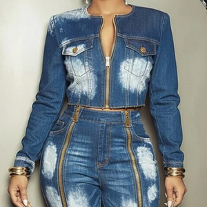 Casual Pockets Plain Crew Neck Denim Jacket, Jackets, color:Blue|size:XXL, Stylewe