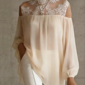 Elegant Lace Patchwork Crew Neck Blouse, Blouses and Shirts, color:Apricot|size:XXL, Stylewe