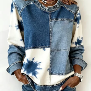Women Faux Denim Print Graphic Crew Neck Printing Vintage Spring/Fall Long Sleeve Sweatshirt, JustFashionNow Sweatshirts & Hoodies, color:Blue|size:4XL