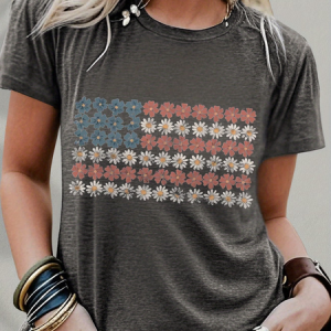 Women Floral Short Sleeve Tee T-shirt Crew Neck Printing Casual Graphic Tee Summer Top, JustFashionNow T-Shirts, color:Gray|size:XXL