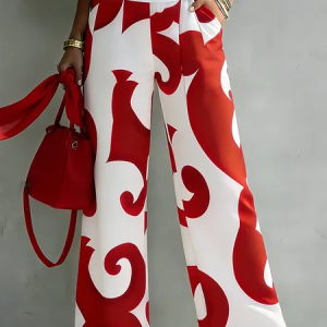 Plus Size Urban Random Print Printing Wide Leg Pants, Plus Pants, color:Red|size:4X, Stylewe